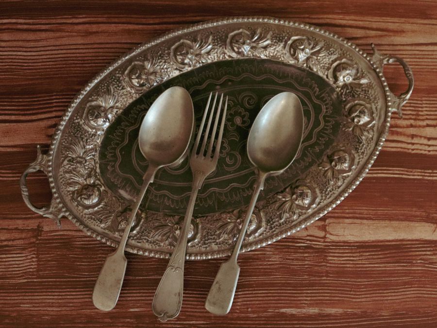 Antique sterling silver tray and flatware